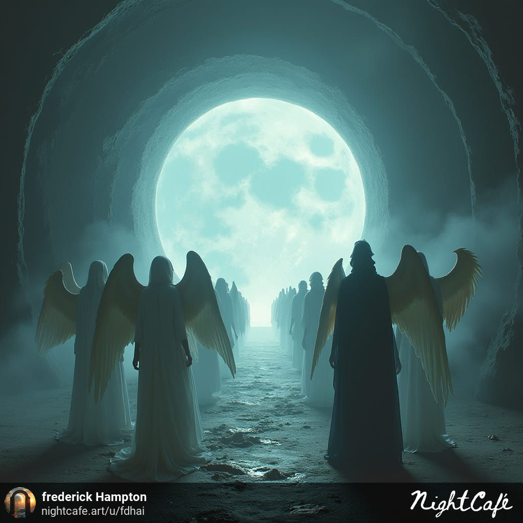 angels and daemons lined up at the portal to Earth 2