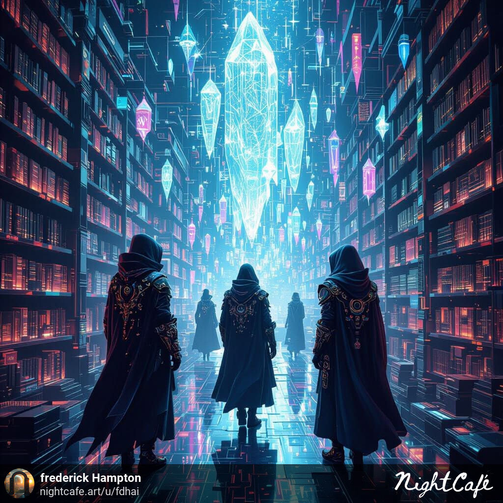 Docker Scout, Daemon Socket, and Viper Mage navigate a vast, neon-lit digital library, surrounded by towering shelves of radiant data crystals and vintage circuit boards