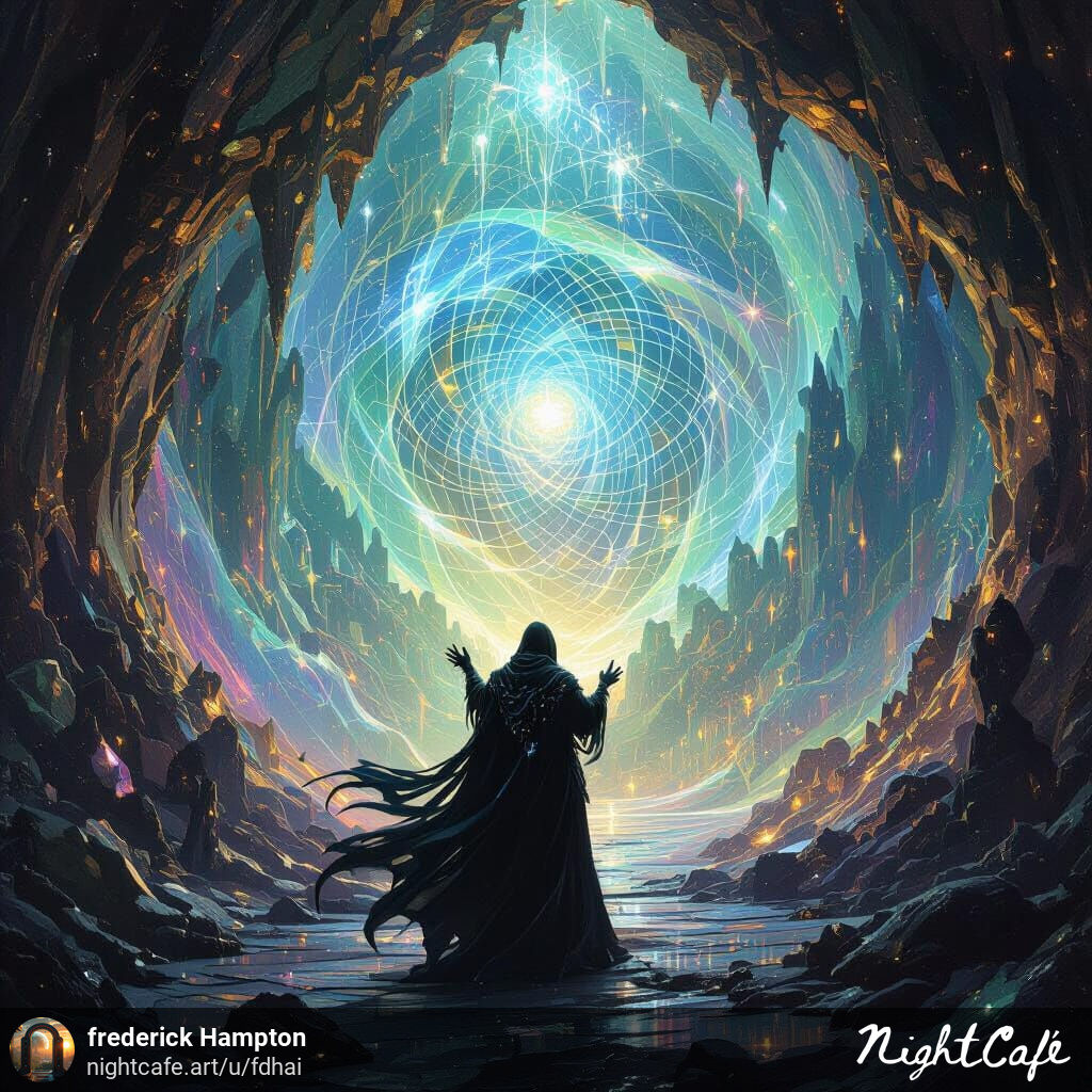  Imagine Viper Mage orchestrating a symphony of light and sound within a colossal, bioluminescent cavern, where fractal patterns dance across.